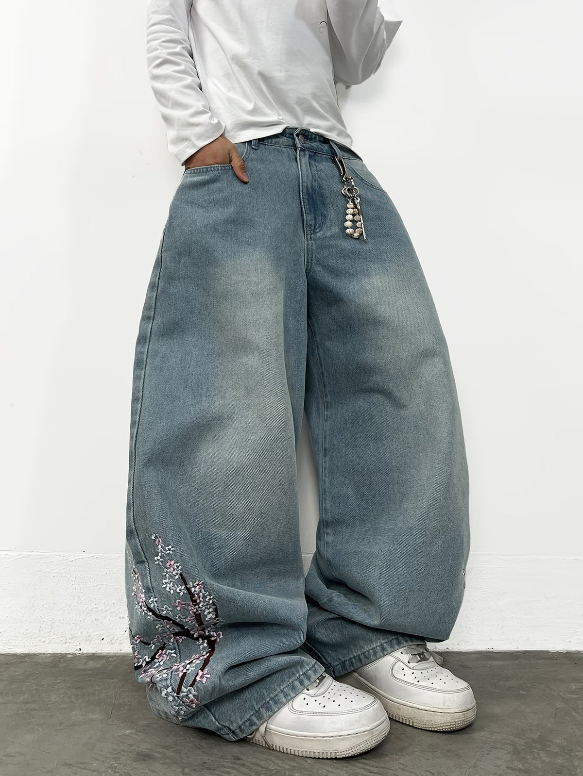 Cherry Blossom Tree Embroidered Baggy Jeans