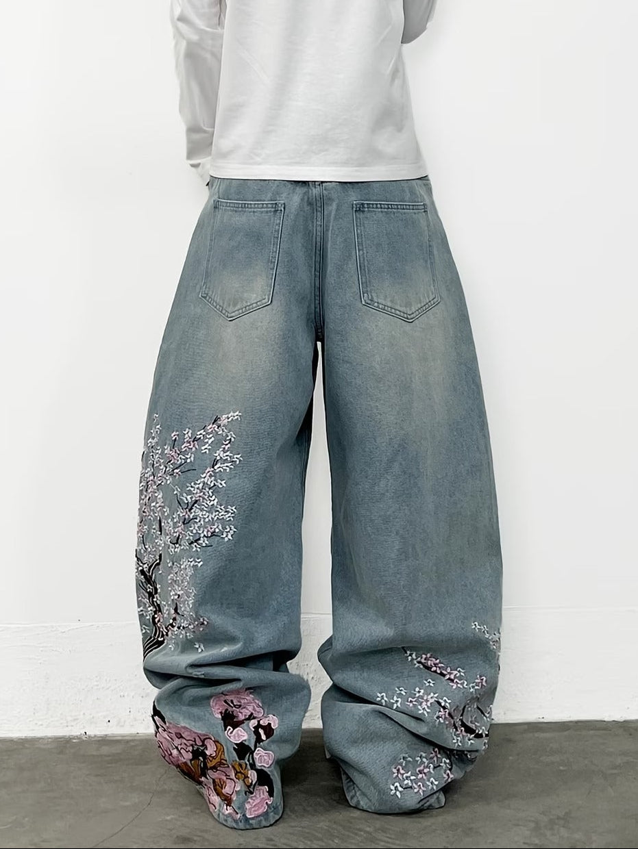 Cherry Blossom Tree Embroidered Baggy Jeans